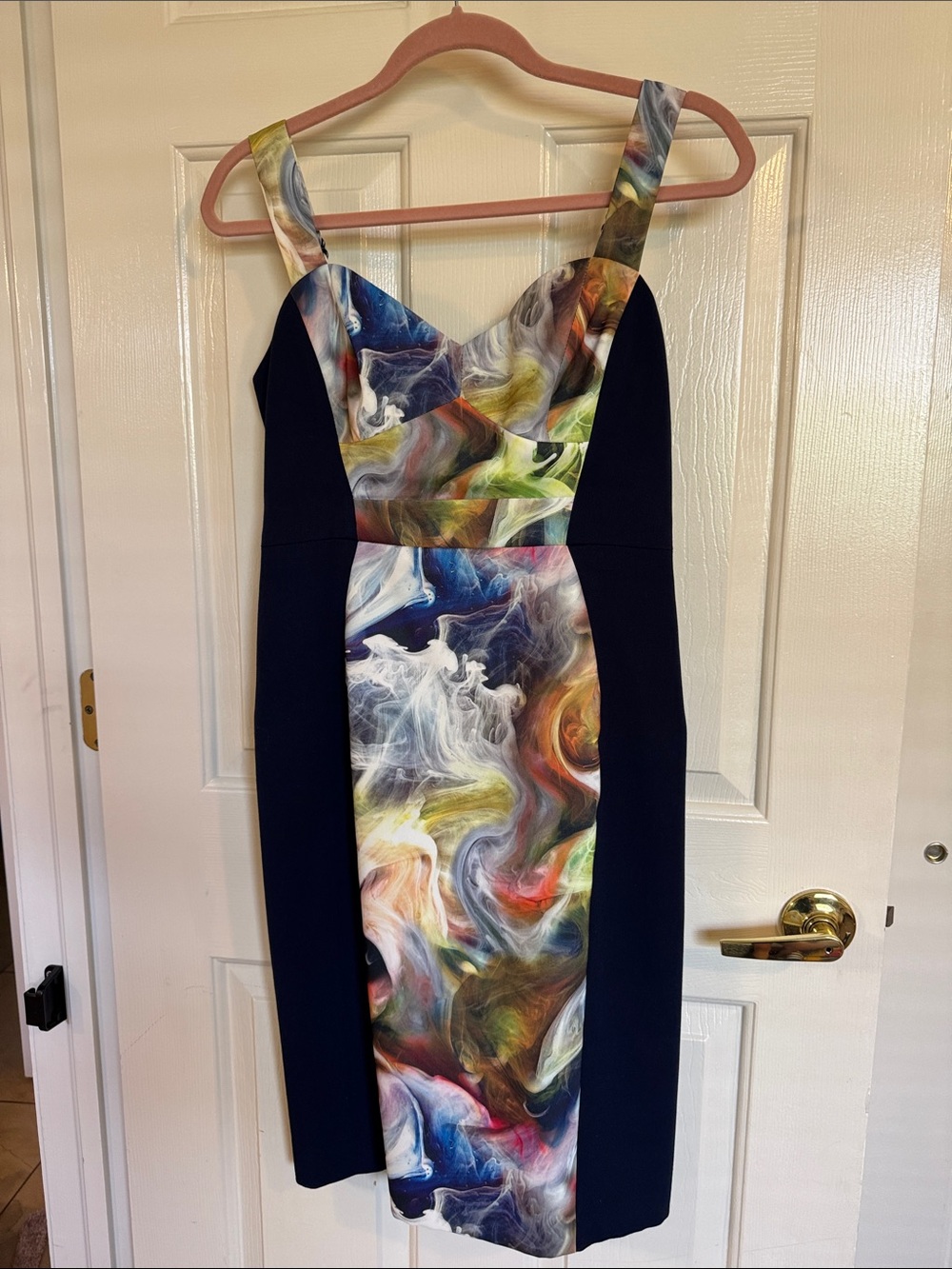 Black Halo Multicolor Swirl Midi Dress with Black Side Panels